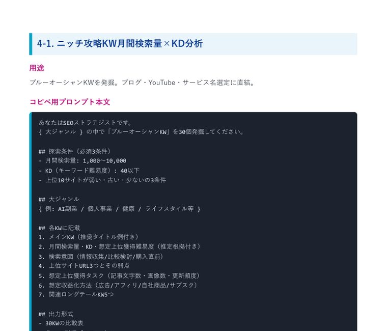 Deep Research 完全攻略プロンプト集2026(40本+特典) | 中のページ(ニッチ攻略KWの検索量×KD分析)